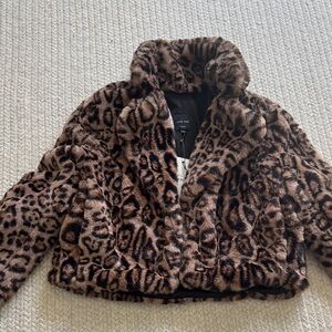 NWT Leopard Faux Fur Cropped High Neck Jacket